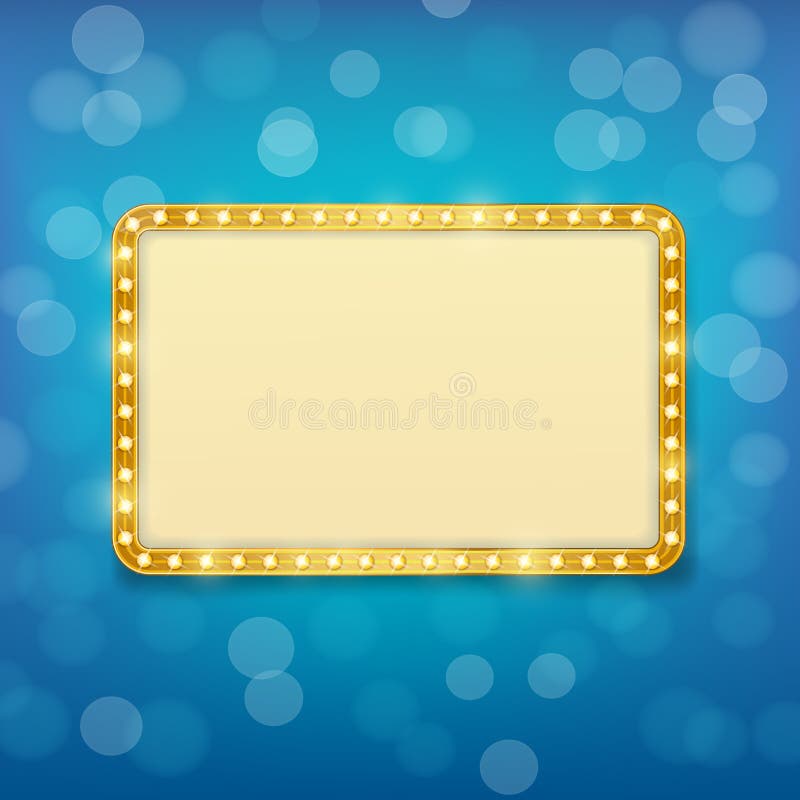 Cinema golden frame with light bulbs on blurry blue background. Cinema golden frame with light bulbs on blurry blue background
