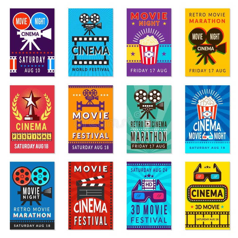 Bioskoopaffiche Uitstekende van het de filmsaanplakbiljet van film retro kaarten vectorinzameling als achtergrond stock illustratie Bioskoopaffiche Uitstekende van het de filmsaanplakbiljet van film retro kaarten vectorinzameling als achtergrond stock illustratie