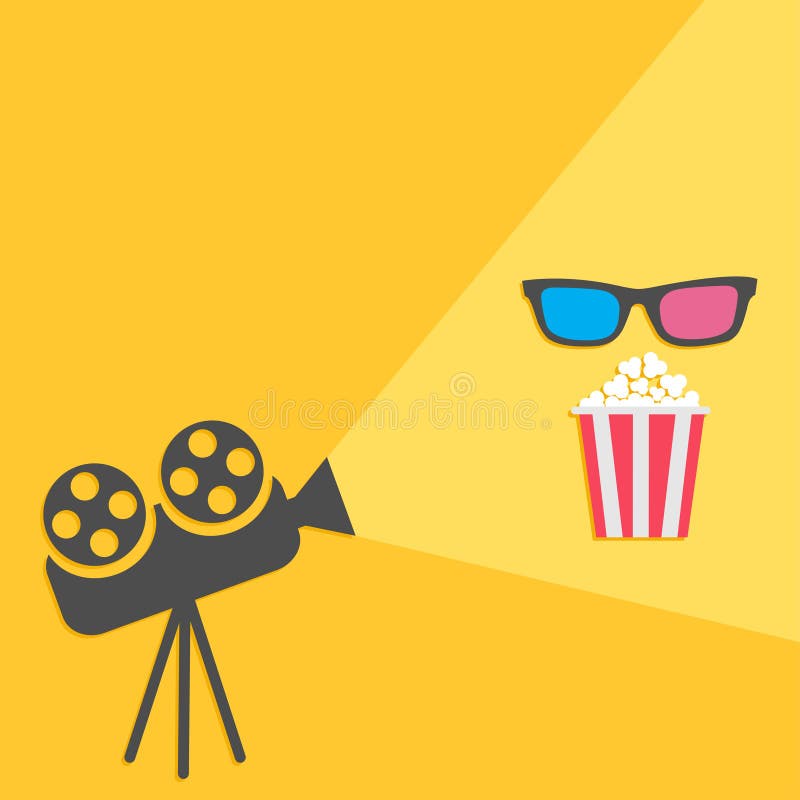 Bioskoopprojector met licht en popcorn en 3D glazen Vlak Ontwerp stock illustratie Bioskoopprojector met licht en popcorn en 3D glazen Vlak Ontwerp stock illustratie