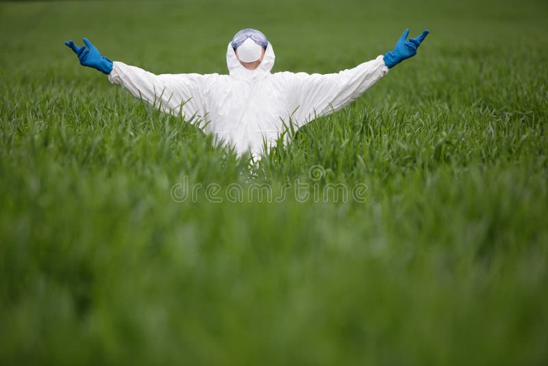 Biotechnologieingenieur, der Arme auf GVO-Feld anhebt lizenzfreies stockfoto Biotechnologieingenieur, der Arme auf GVO-Feld anhebt lizenzfreies stockfoto