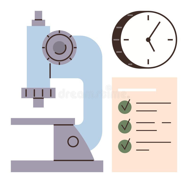 Scientific Research Process with Microscope, Clock, and Checklist Elements vector illustration