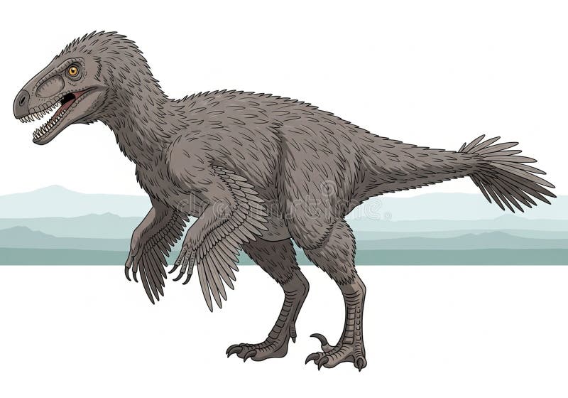 Feathered, bipedal dinosaur standing against a backdrop of stylized blue-grey hills. The dinosaur features brownish feathers, sharp claws, and an open mouth showcasing pointed teeth. Its body displays a balance between bird-like and reptilian attributes, reflecting a raptor-like design reminiscent of species like *Velociraptor*. The scenery provides a subtle prehistoric context. Birdlike species illustrations