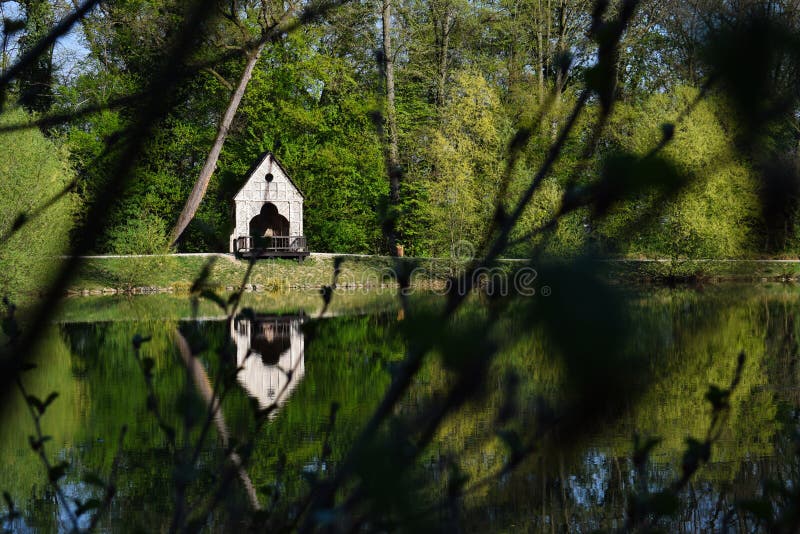 Birch cabin near the lake stock image. Image of branches 122234411