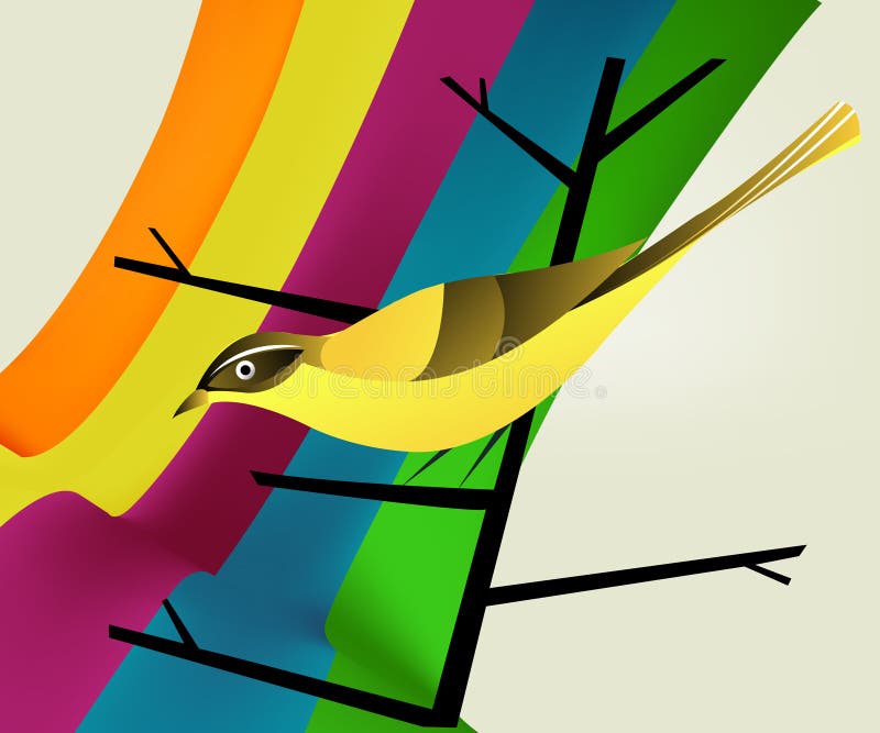 Bird on branch and rainbow