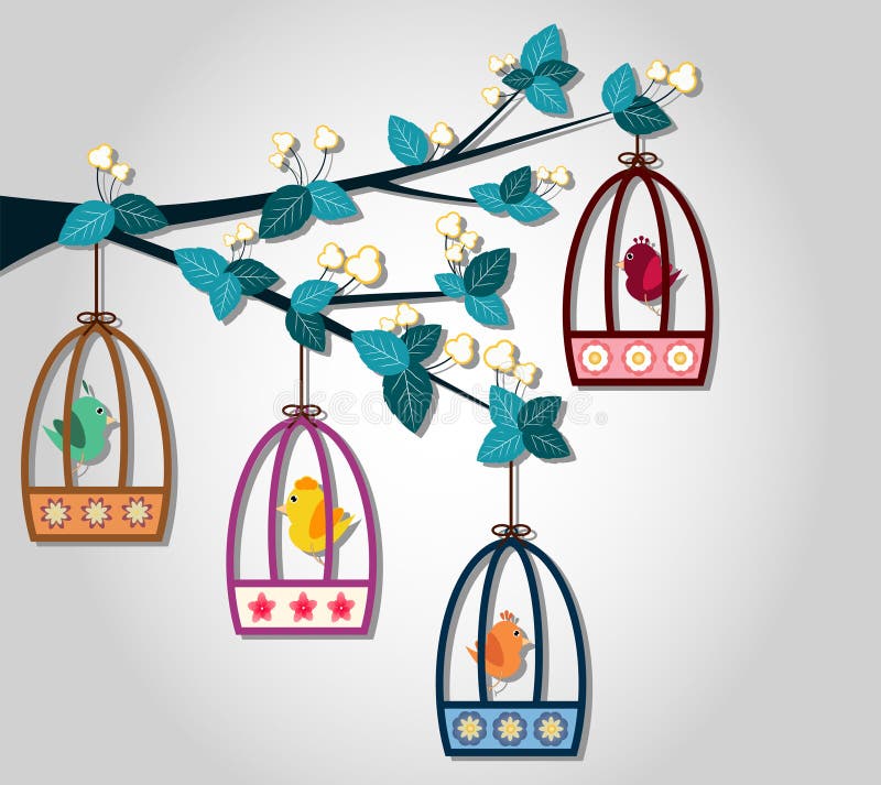 Tree Branch and Bird Cage stock vector. Illustration of leaves 24027314