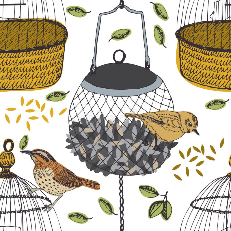 Bird and cage seamless pattern stock illustration