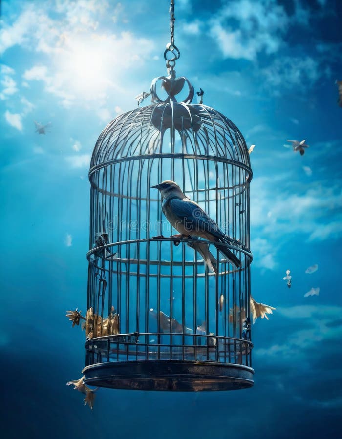 Bird in Cage under Moonlit Sky stock photo