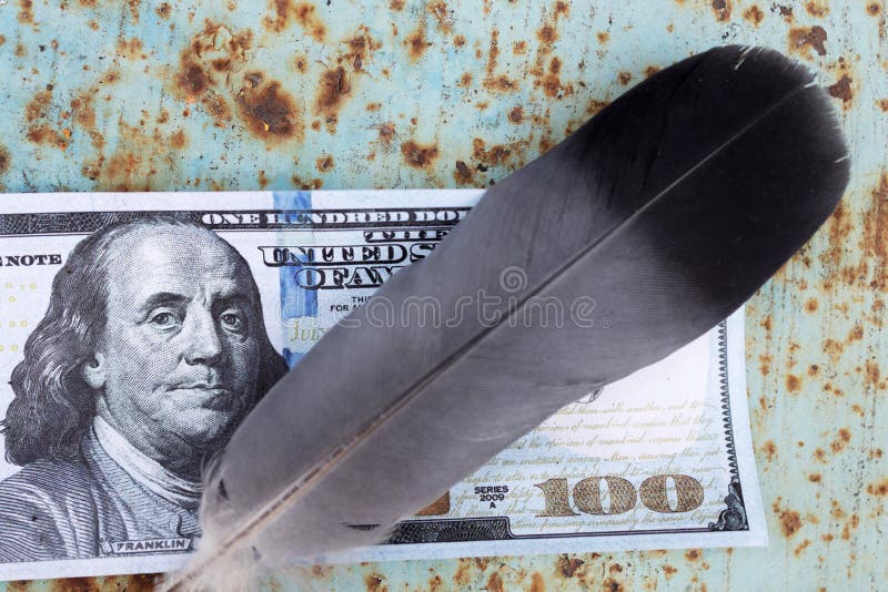 Bird Feather on a Hundred Dollar Bill, Easy Money Stock Image Image