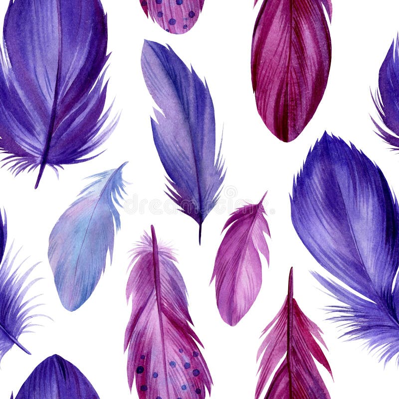 Bird feathers, seamless pattern, watercolor illustration
