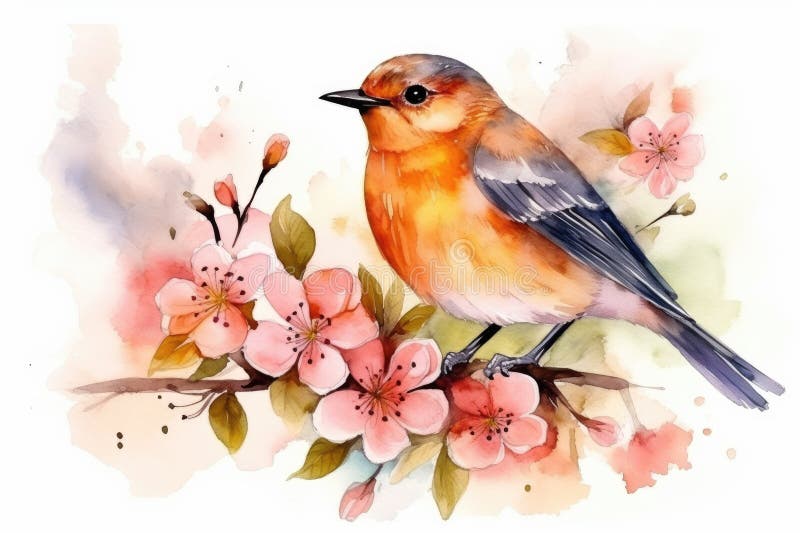 Bird on Flower Branch Watercolor Isolated on White Background Spring ...