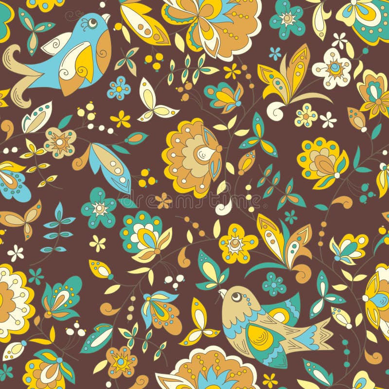 Bird and flower ornament pattern. Seamless vector floral texture