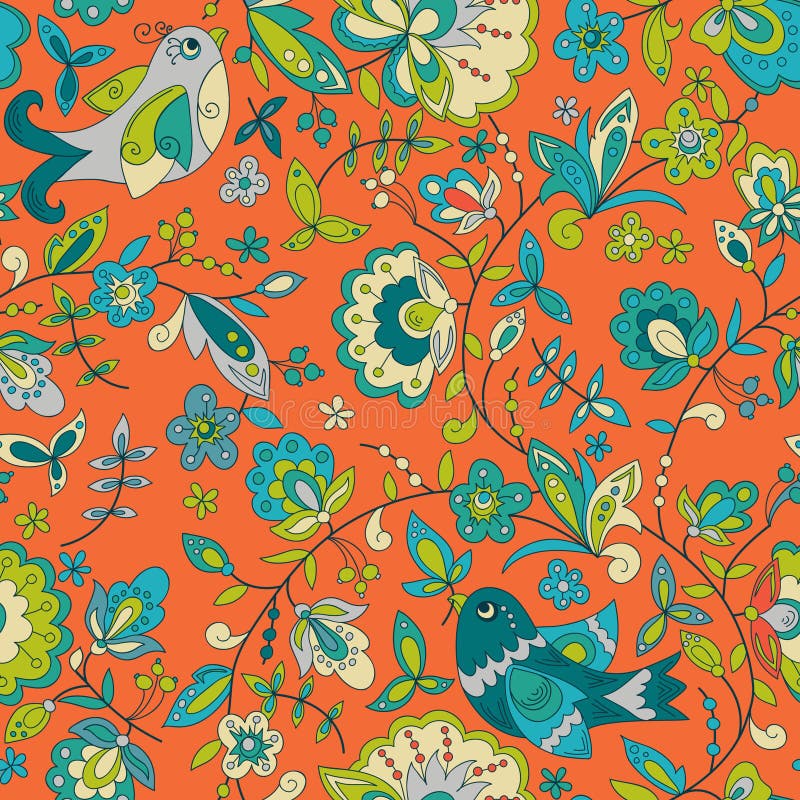 Bird and flower ornament pattern. Seamless vector floral texture