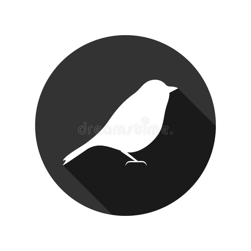 Bird icon with long shadow, white isolated on black background,  illustration.