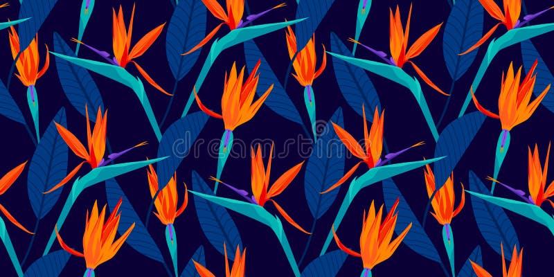 Bird of paradise tropical floral seamless pattern with trends fashion colors. Pantone color of the year 2020