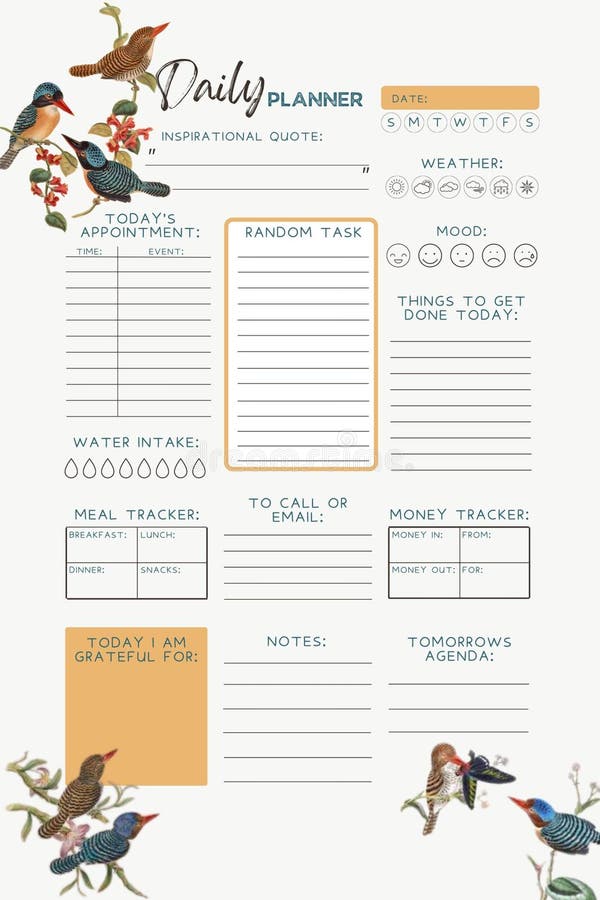 Bird planner digital printable blank template insert vector illustration