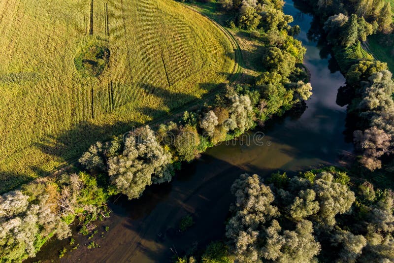 Bird`seye View of a Bend in a River Stock Photo Image of panorama
