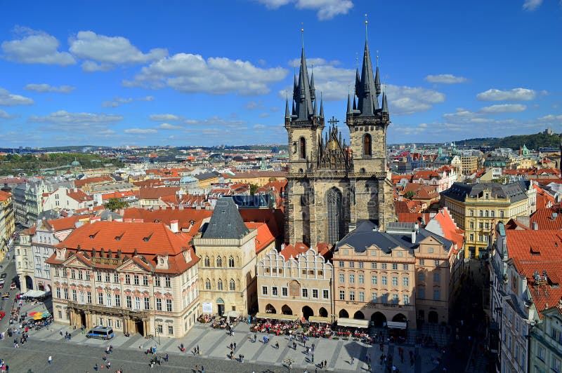 Bird`s eye view of the city of Prague and Church of Our Lady before TÃ½n