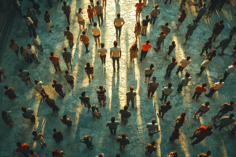 A Bird\'s Eye View of a Large Crowd of People Standing Together in a Public Space, With Sunbeams Shining Through the royalty free illustration