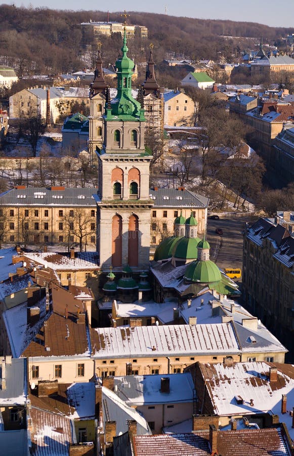 Bird's eye view of old town stock image
