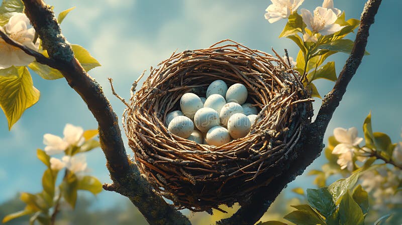 A bird\'s nest with white eggs in a blooming apple tree stock illustration