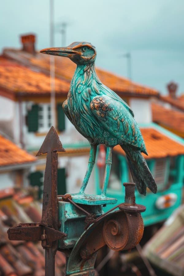 A bird statue perched atop roof perfect for architectural and nature themed projects royalty-vrije stock foto's