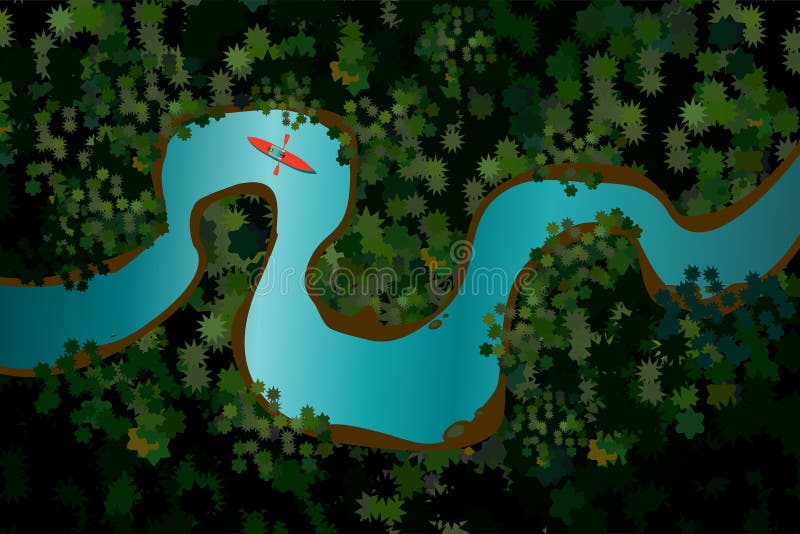 Bird view of a forest river with red boat. Man on canoe. Cartoon vector illustration. Holidays travel background.