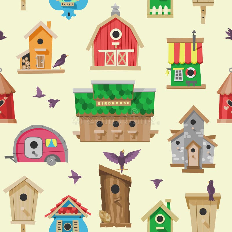 Birdhouse vector cartoon birdbox and birdie wooden house illustration set of birds singing birdsongs in decorative house vector illustration Birdhouse vector cartoon birdbox and birdie wooden house illustration set of birds singing birdsongs in decorative house vector illustration
