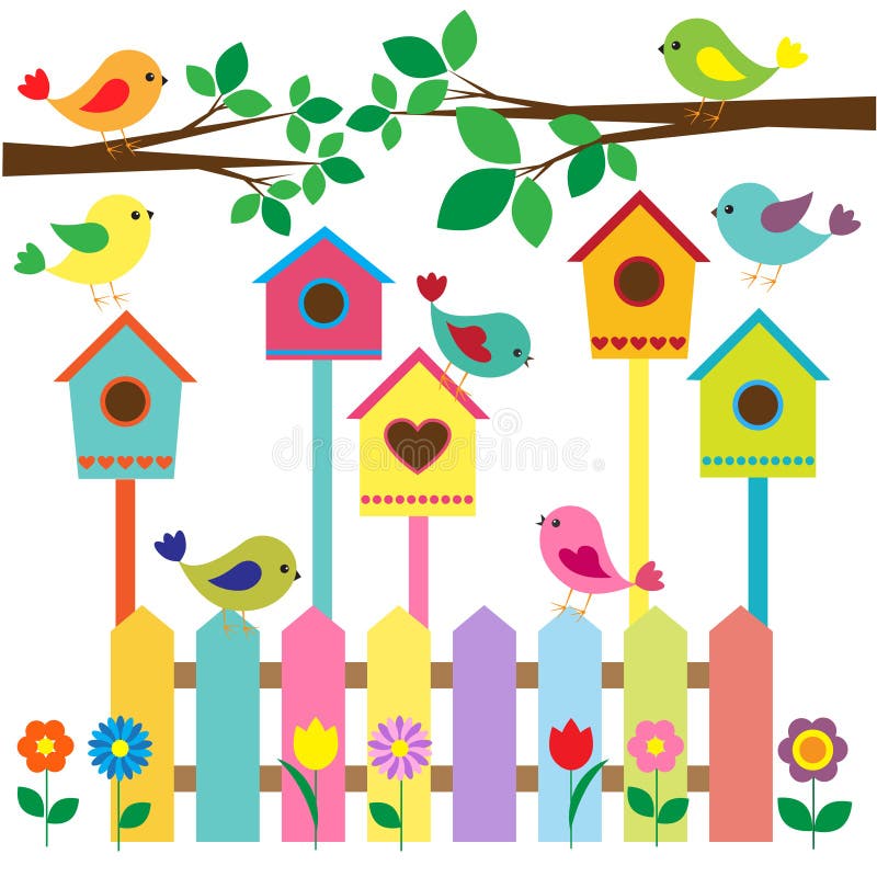 Collection of colorful birds and birdhouses