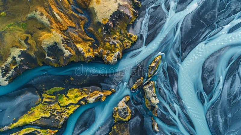 A birds eye view of the glacial river showcasing its intricate system of channels and tributaries stock photography