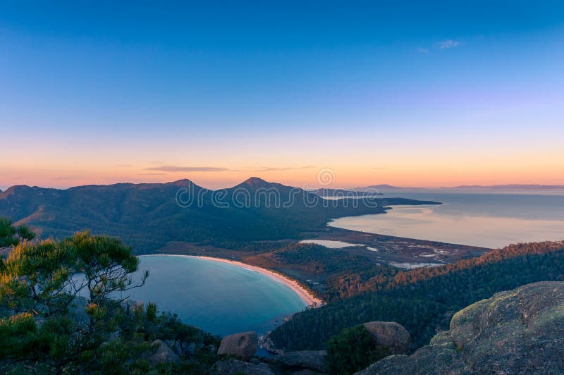 Birds eye view of Wineglass bay beach at sunrise