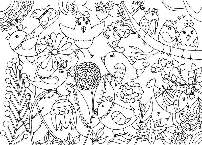 Coloring Page with Flowers and Leaves Stock Vector - Illustration of ...