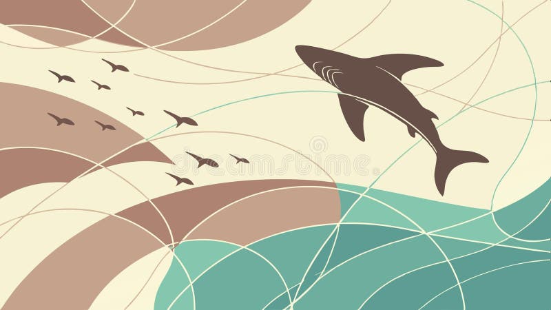 Birds flying above a shark in swirling abstract ocean waves illustration vector design Generative AI royalty free illustration