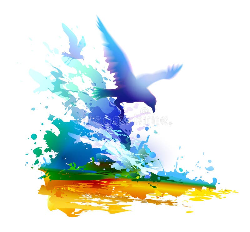 Ocean waves and flying birds. Seagulls. Birds flying and ocean waves. Seascape. Vector illustration. Blue water. Digital watercolor painting stock illustration Ocean waves and flying birds. Seagulls. Birds flying and ocean waves. Seascape. Vector illustration. Blue water. Digital watercolor painting stock illustration