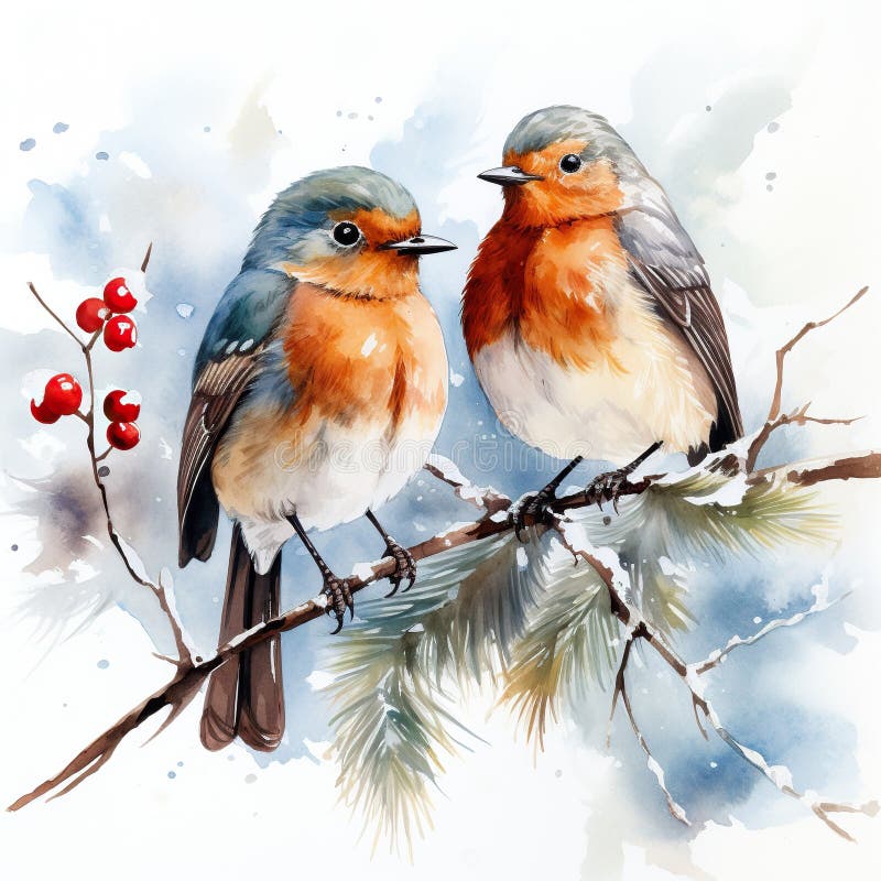 Birds perched on snowy branches, surrounded by the enchanting ambiance of Christmas. Generative AI