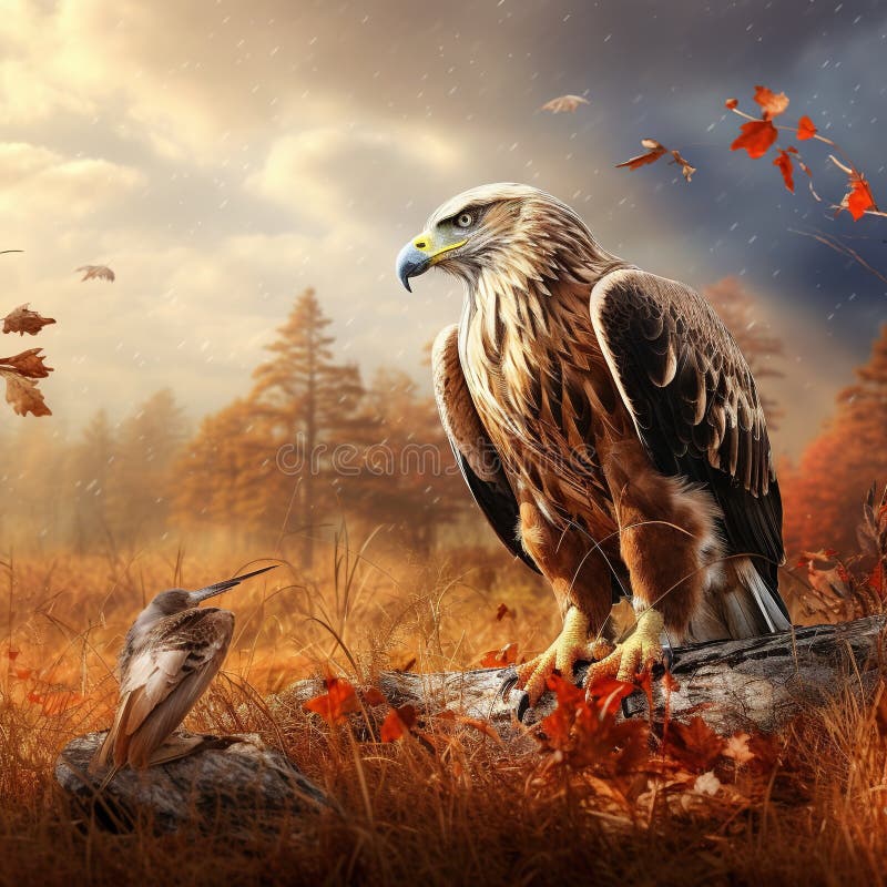 Birds of Prey on the Meadow with Autumn Forest in the Background