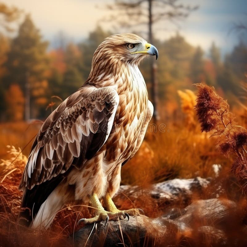 Birds of Prey on the Meadow with Autumn Forest in the Background