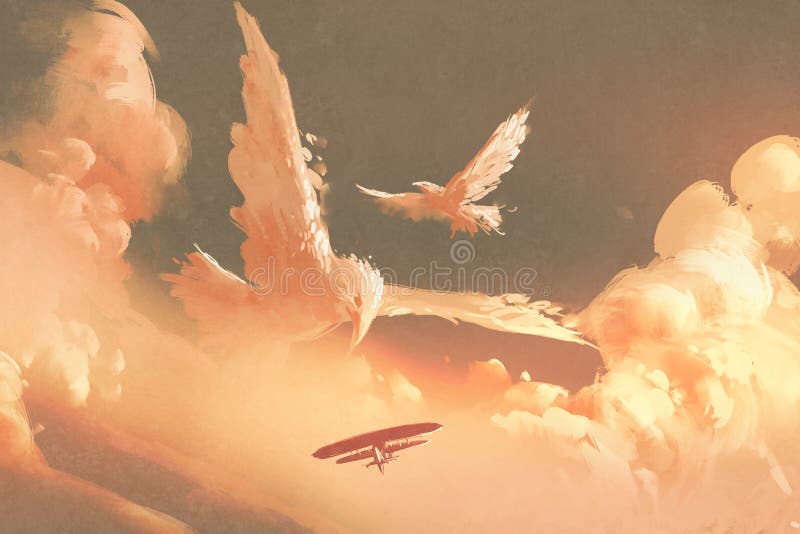 Birds shaped cloud in sunset sky vector illustration Birds shaped cloud in sunset sky vector illustration