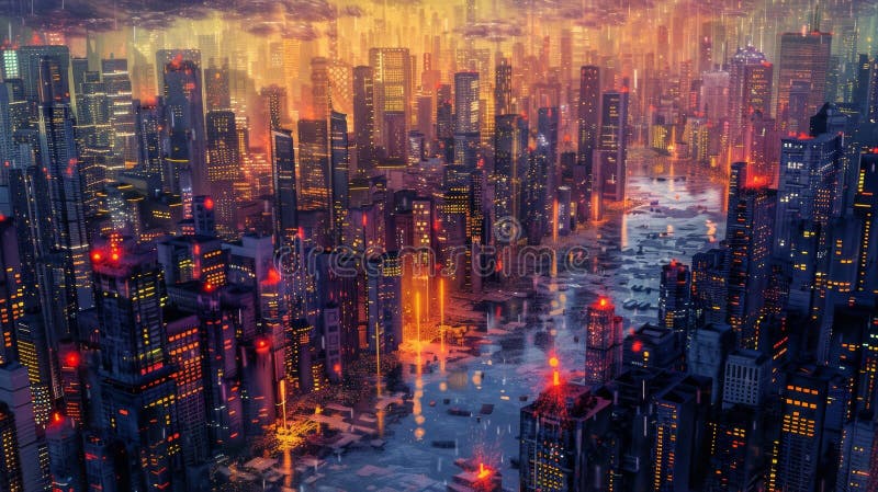 From a birdseye view a metropolis shines brightly with an endless stream of glowing windows and streetlights. The royalty free stock images