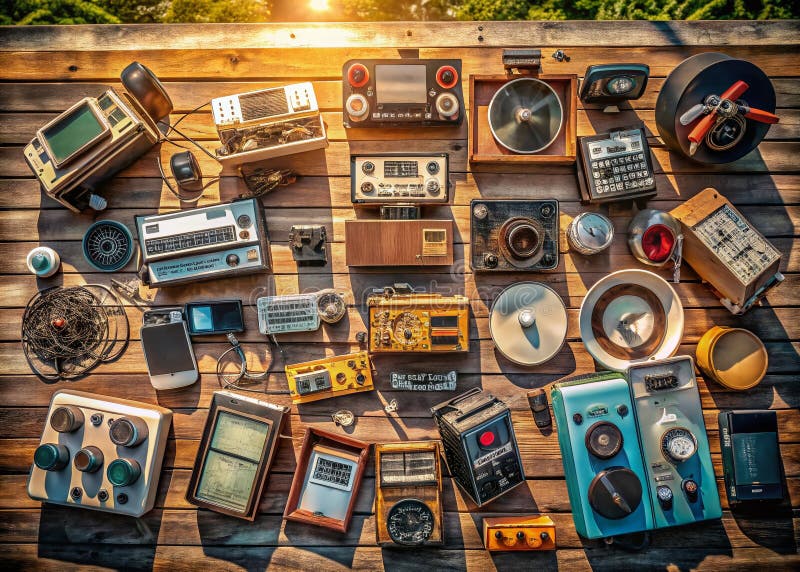 A BirdsEye View of a Retro Electronics Museum Exploring a Time Capsule of Vintage Tech Through an Aerial vector illustration