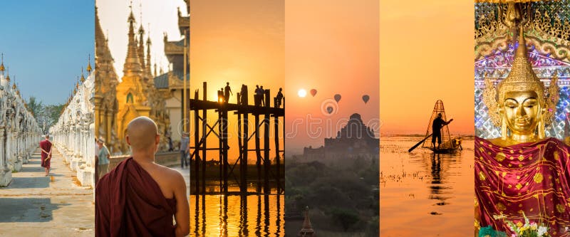 Birmania Myanmar, collage panorámico de la foto, símbolos burmese, viaje de Birmania, concepto del turismo imagen de archivo libre de regalías Birmania Myanmar, collage panorámico de la foto, símbolos burmese, viaje de Birmania, concepto del turismo imagen de archivo libre de regalías