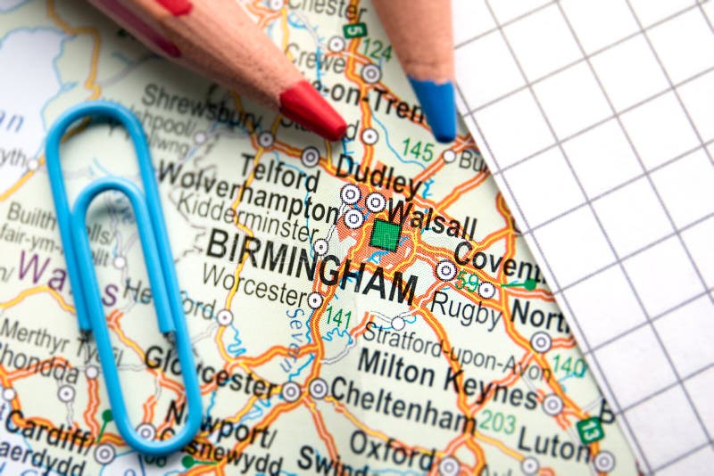 Birmingham stad av Storbritannien i mitten av den geografiska översikten arkivfoto Birmingham stad av Storbritannien i mitten av den geografiska översikten arkivfoto