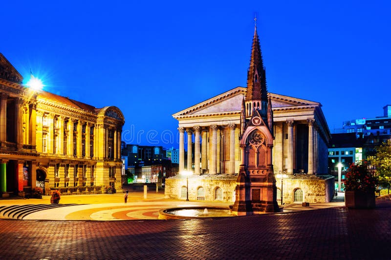 Birmingham, UK. Illuminated Chamberlain square at night