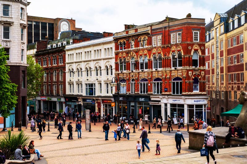 Busy Street in the City Center of Birmingham, UK. Crowded Streets