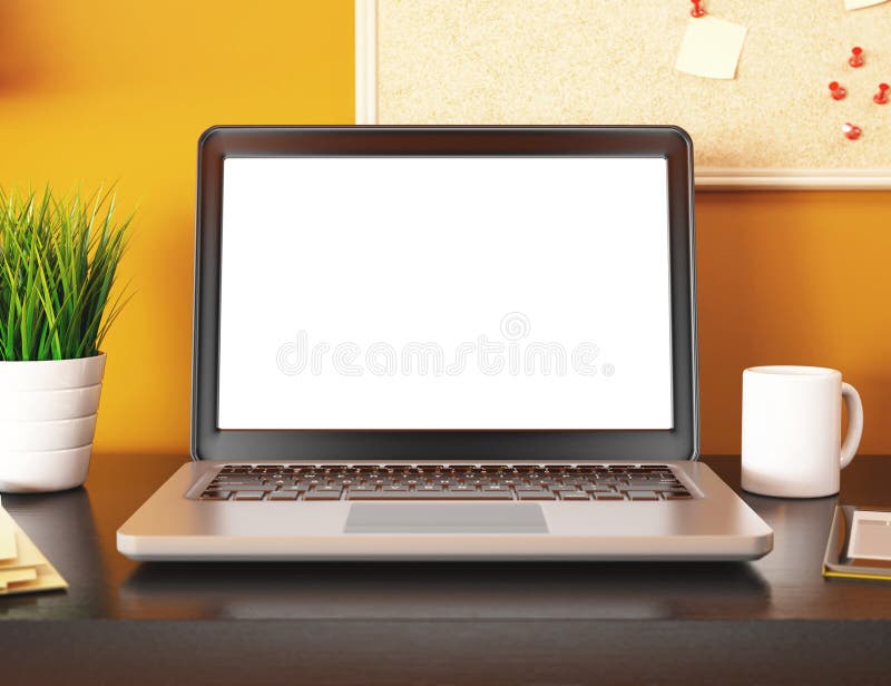 Birou 3d cu ecran gol pentru laptop. mockup royalty free illustration