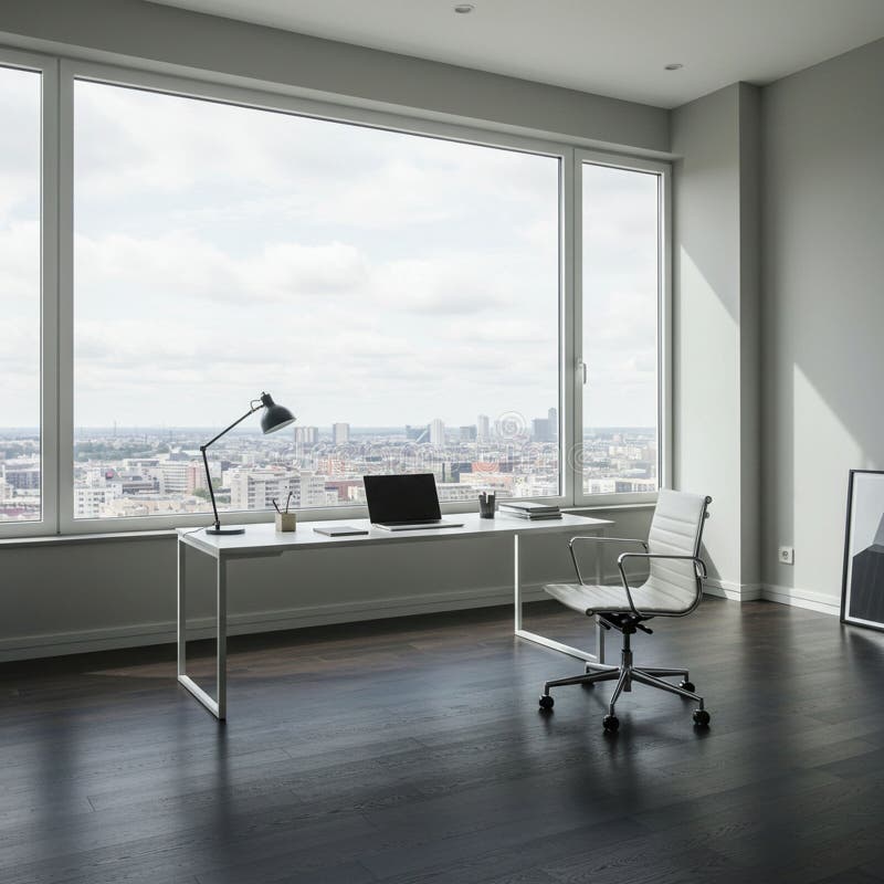 Birou modern cu o fereastră mare cu vedere la un peisaj urban. Birou alb minimalist stock illustration
