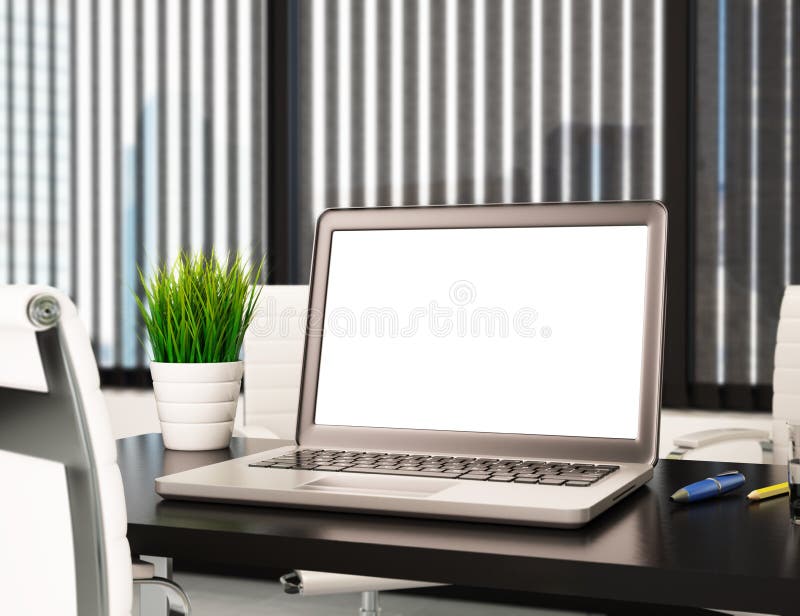 Birou modern 3d cu ecran gol pentru notebook-uri. mockup vector illustration