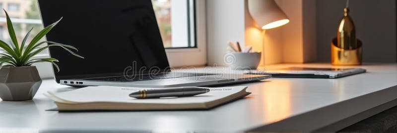 Birou modern de acasă cu notebook și lampă de birou după fereastră stock photo