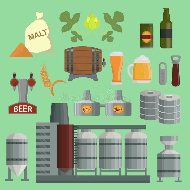 Birra che fa il barile piano di produzione della birra di stile di vettore trattato della fabbrica, luppolo, apri della pianta ch illustrazione vettoriale Birra che fa il barile piano di produzione della birra di stile di vettore trattato della fabbrica, luppolo, apri della pianta ch illustrazione vettoriale