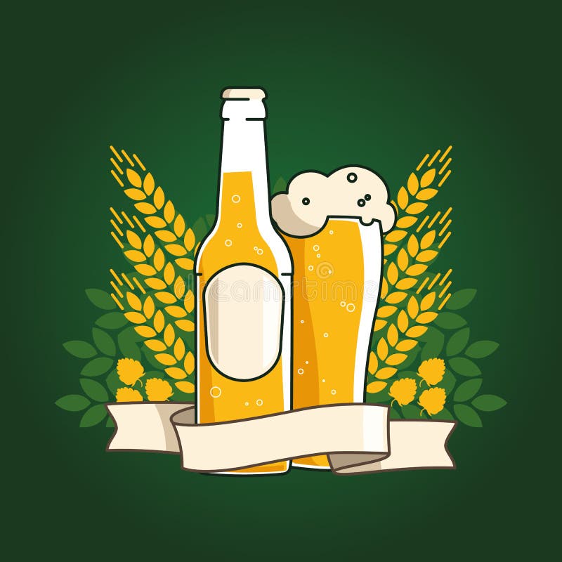 Birra del grano Bottiglia di birra e vetro con birra ed il nastro Orecchie di grano e del luppolo Illustrazione per il web, manif royalty illustrazione gratis Birra del grano Bottiglia di birra e vetro con birra ed il nastro Orecchie di grano e del luppolo Illustrazione per il web, manif royalty illustrazione gratis