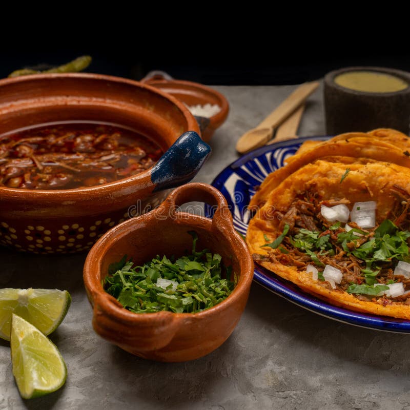 Birria Tacos and Broth on a Gray Background. Mexican Food Stock Photo ...
